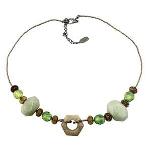 Chunky Aventurine Glass Stone Hexagon Beaded Signed Essence 19” Necklace